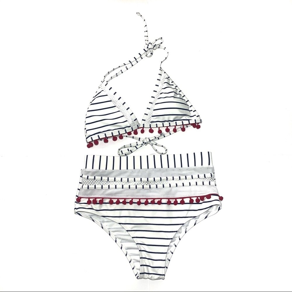 Striped White Blue High Waist Tassle Bikini Mesh